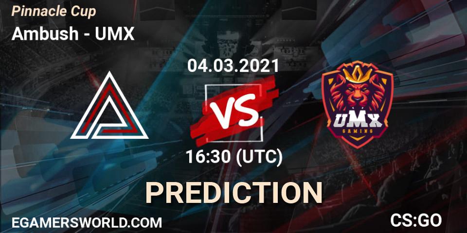 Prognose für das Spiel Ambush VS UMX. 05.03.2021 at 16:30. Counter-Strike (CS2) - Pinnacle Cup #1