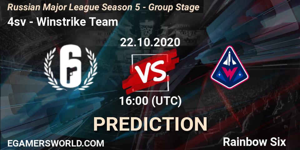 Prognose für das Spiel 4sv VS Winstrike Team. 22.10.2020 at 16:00. Rainbow Six - Russian Major League Season 5 - Group Stage