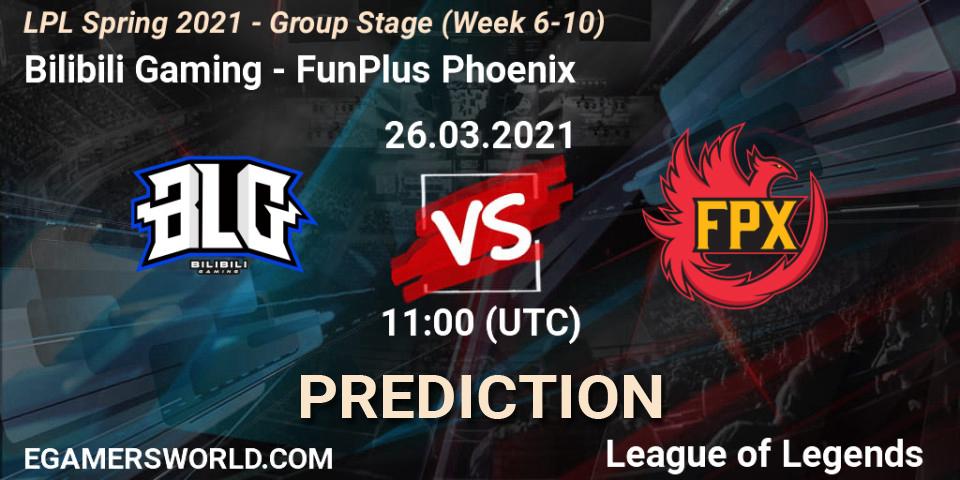 Prognose für das Spiel Bilibili Gaming VS FunPlus Phoenix. 26.03.2021 at 11:00. LoL - LPL Spring 2021 - Group Stage (Week 6-10)