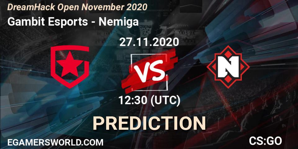Prognose für das Spiel Gambit Esports VS Nemiga. 27.11.2020 at 12:10. Counter-Strike (CS2) - DreamHack Open November 2020