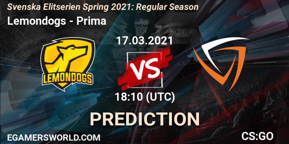 Prognose für das Spiel Lemondogs VS Prima. 17.03.2021 at 18:10. Counter-Strike (CS2) - Svenska Elitserien Spring 2021: Regular Season