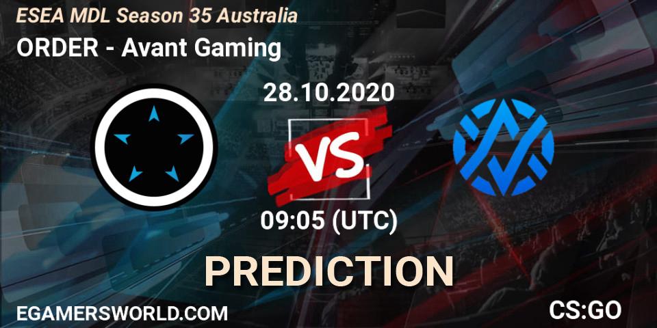 Prognose für das Spiel ORDER VS Avant Gaming. 28.10.2020 at 09:05. Counter-Strike (CS2) - ESEA MDL Season 35 Australia