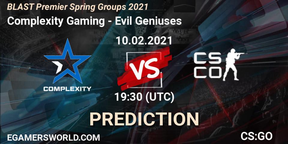 Prognose für das Spiel Complexity Gaming VS Evil Geniuses. 10.02.2021 at 19:30. Counter-Strike (CS2) - BLAST Premier Spring Groups 2021