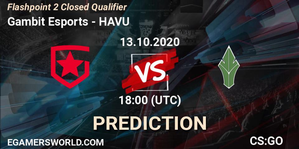 Prognose für das Spiel Gambit Esports VS HAVU. 13.10.2020 at 18:10. Counter-Strike (CS2) - Flashpoint 2 Closed Qualifier