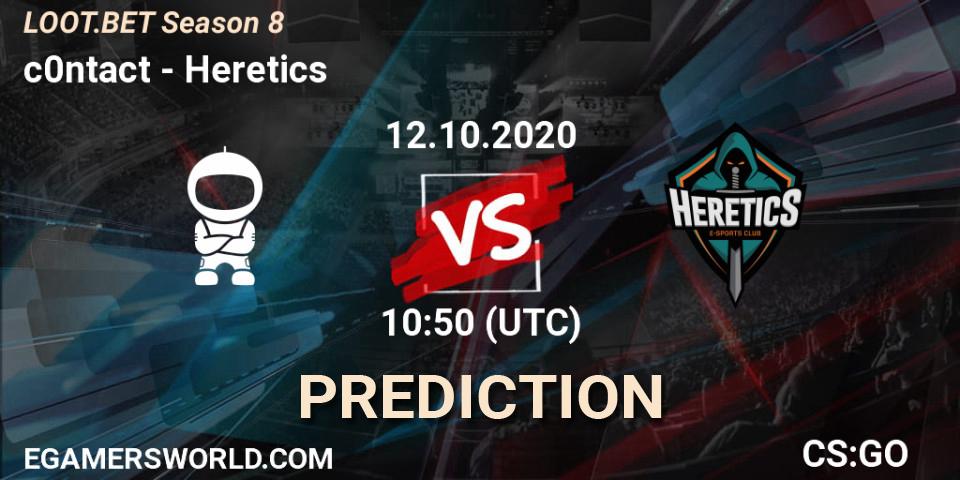 Prognose für das Spiel c0ntact VS Heretics. 12.10.2020 at 10:50. Counter-Strike (CS2) - LOOT.BET Season 8