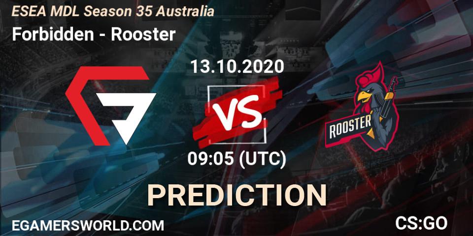 Prognose für das Spiel Forbidden VS Rooster. 13.10.2020 at 09:05. Counter-Strike (CS2) - ESEA MDL Season 35 Australia