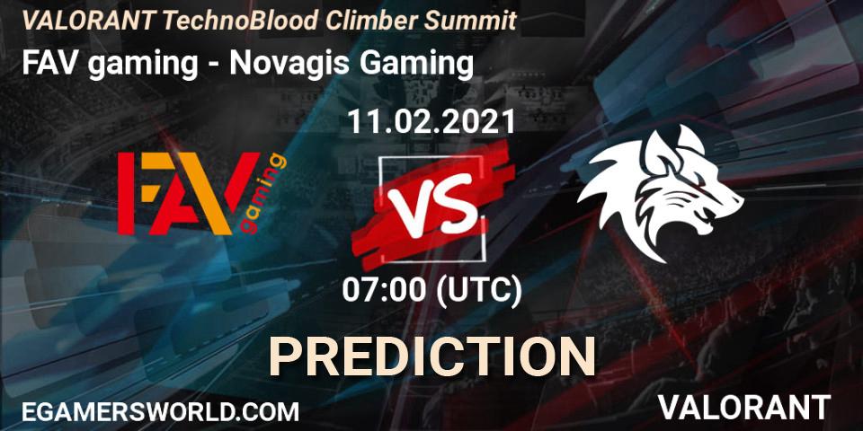 Prognose für das Spiel FAV gaming VS Novagis Gaming. 11.02.2021 at 07:00. VALORANT - VALORANT TechnoBlood Climber Summit