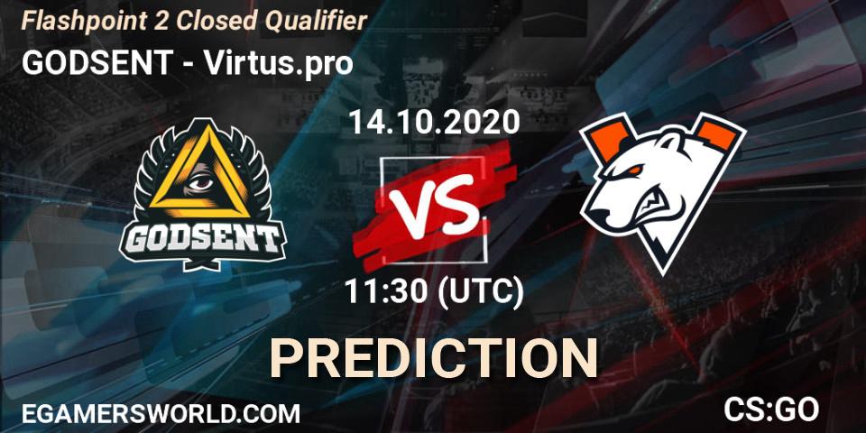 Prognose für das Spiel GODSENT VS Virtus.pro. 14.10.2020 at 11:30. Counter-Strike (CS2) - Flashpoint 2 Closed Qualifier