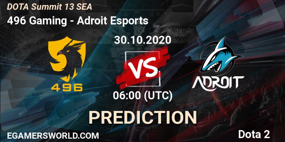 Prognose für das Spiel 496 Gaming VS Adroit Esports. 26.10.20. Dota 2 - DOTA Summit 13: SEA