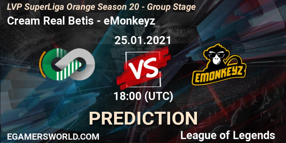 Prognose für das Spiel Cream Real Betis VS eMonkeyz. 25.01.2021 at 18:00. LoL - LVP SuperLiga Orange Season 20 - Group Stage
