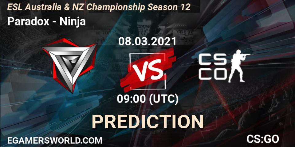 Prognose für das Spiel Paradox VS Ninja. 08.03.2021 at 09:00. Counter-Strike (CS2) - ESL Australia & NZ Championship Season 12