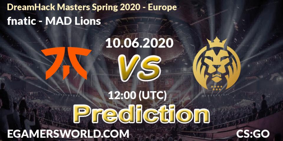 Prognose für das Spiel fnatic VS MAD Lions. 10.06.2020 at 12:00. Counter-Strike (CS2) - DreamHack Masters Spring 2020 - Europe