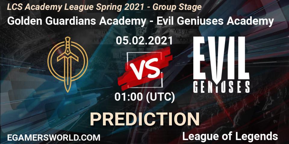 Prognose für das Spiel Golden Guardians Academy VS Evil Geniuses Academy. 05.02.2021 at 01:00. LoL - LCS Academy League Spring 2021 - Group Stage
