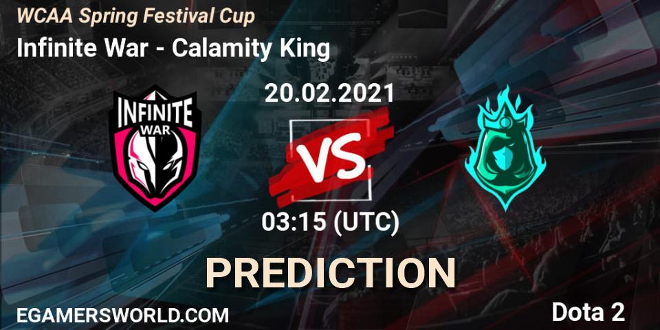 Prognose für das Spiel Infinite War VS Calamity King. 20.02.2021 at 03:31. Dota 2 - WCAA Spring Festival Cup