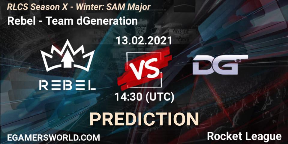 Prognose für das Spiel Rebel VS Team dGeneration. 13.02.2021 at 14:30. Rocket League - RLCS Season X - Winter: SAM Major