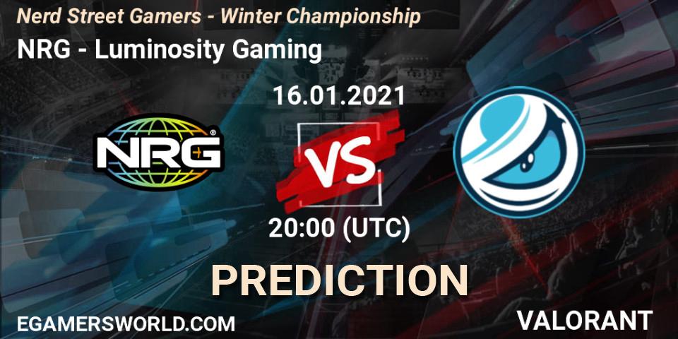 Prognose für das Spiel NRG VS Luminosity Gaming. 16.01.2021 at 22:45. VALORANT - Nerd Street Gamers - Winter Championship