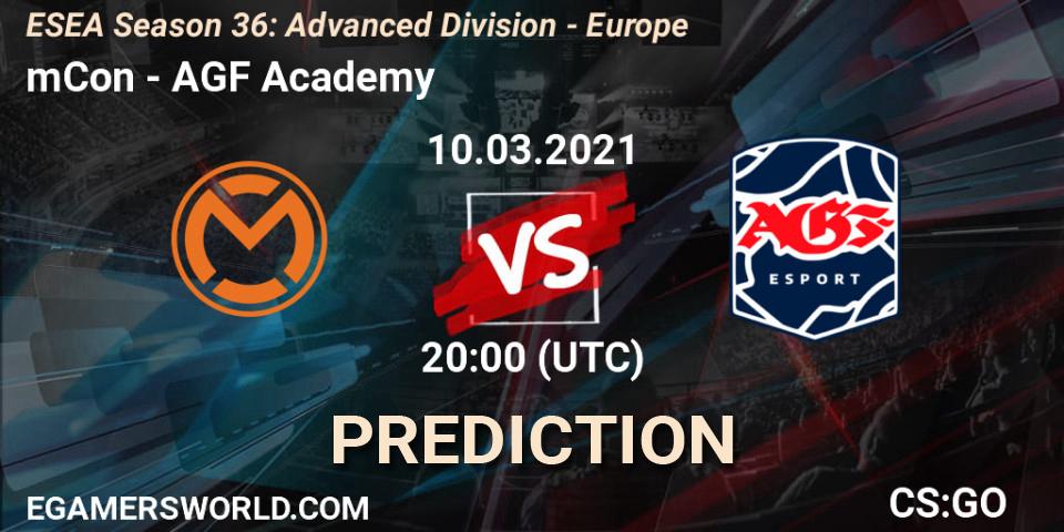 Prognose für das Spiel mCon VS AGF Academy. 10.03.2021 at 20:00. Counter-Strike (CS2) - ESEA Season 36: Europe - Advanced Division