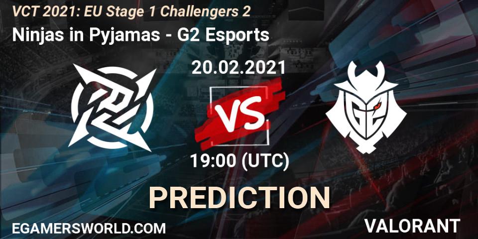 Prognose für das Spiel Ninjas in Pyjamas VS G2 Esports. 20.02.2021 at 18:15. VALORANT - VCT 2021: EU Stage 1 Challengers 2
