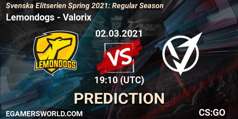 Prognose für das Spiel Lemondogs VS Valorix. 02.03.2021 at 19:10. Counter-Strike (CS2) - Svenska Elitserien Spring 2021: Regular Season