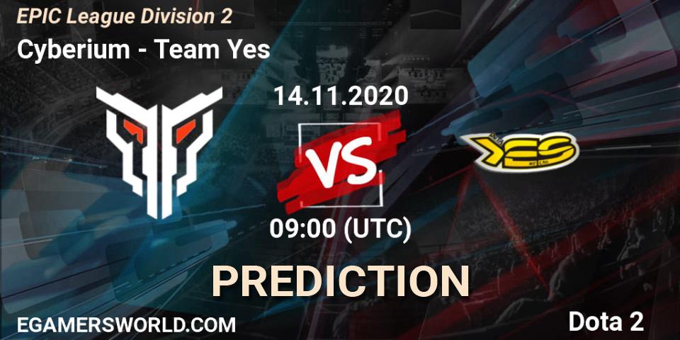 Prognose für das Spiel Cyberium VS Team Yes. 14.11.2020 at 09:01. Dota 2 - EPIC League Division 2