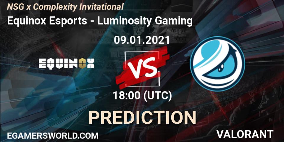Prognose für das Spiel Equinox Esports VS Luminosity Gaming. 09.01.2021 at 21:00. VALORANT - NSG x Complexity Invitational
