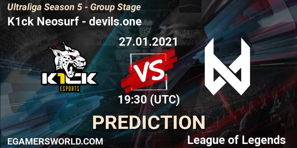 Prognose für das Spiel K1ck Neosurf VS devils.one. 27.01.2021 at 19:30. LoL - Ultraliga Season 5 - Group Stage