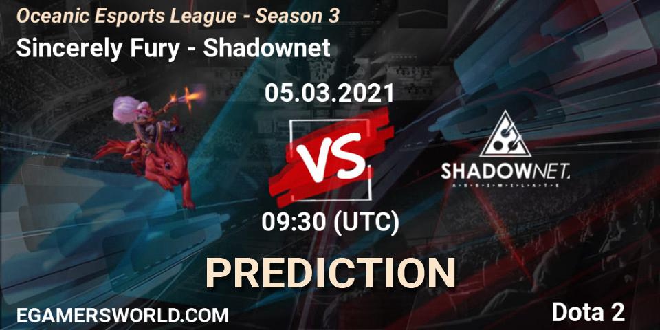 Prognose für das Spiel Sincerely Fury VS Shadownet. 05.03.2021 at 09:30. Dota 2 - Oceanic Esports League - Season 3