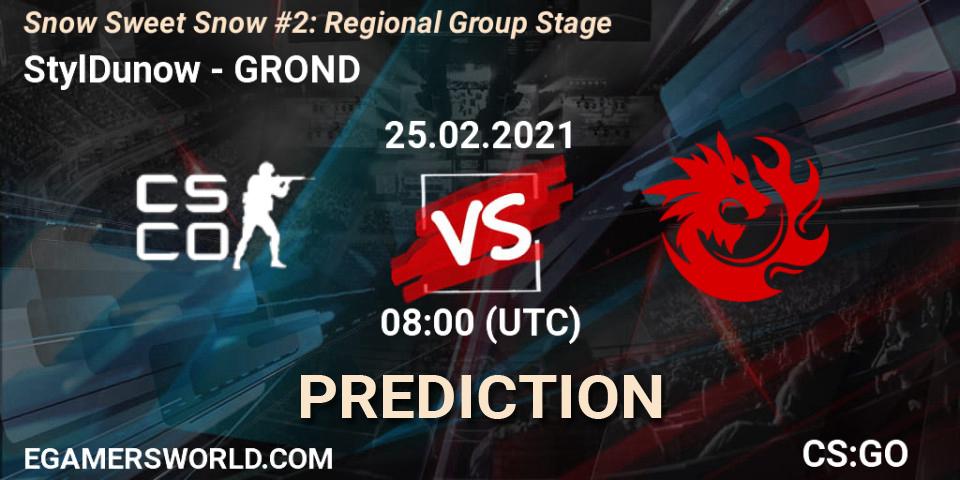 Prognose für das Spiel StylDunow VS GROND. 25.02.2021 at 08:05. Counter-Strike (CS2) - Snow Sweet Snow #2: Regional Group Stage