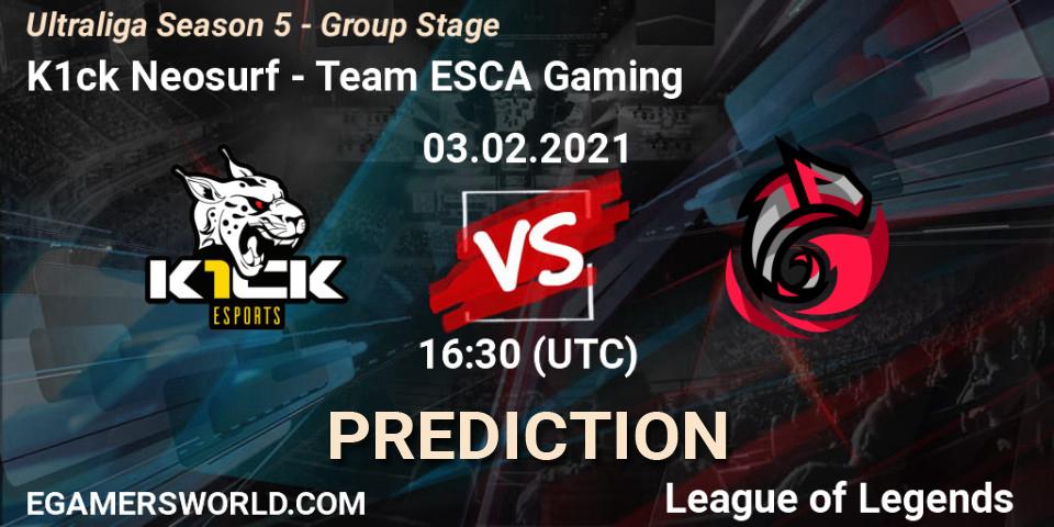 Prognose für das Spiel K1ck Neosurf VS Team ESCA Gaming. 03.02.2021 at 16:30. LoL - Ultraliga Season 5 - Group Stage