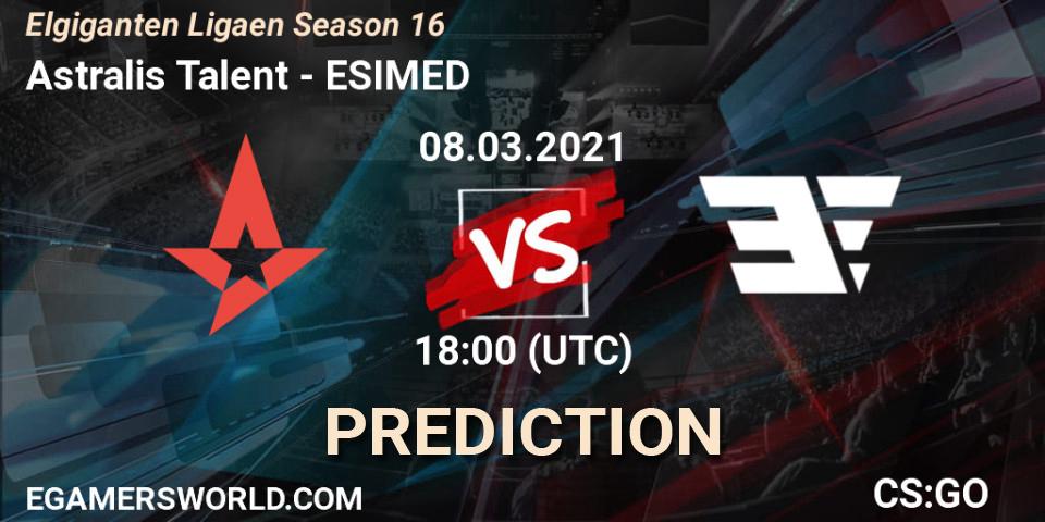 Prognose für das Spiel Astralis Talent VS ESIMED. 08.03.2021 at 18:00. Counter-Strike (CS2) - Elgiganten Ligaen Season 16