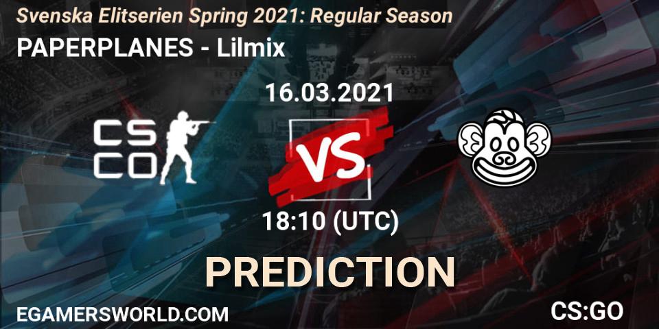 Prognose für das Spiel PAPERPLANES VS Lilmix. 16.03.2021 at 18:10. Counter-Strike (CS2) - Svenska Elitserien Spring 2021: Regular Season