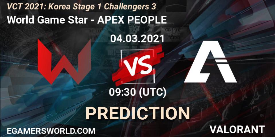 Prognose für das Spiel World Game Star VS APEX PEOPLE. 04.03.2021 at 09:30. VALORANT - VCT 2021: Korea Stage 1 Challengers 3