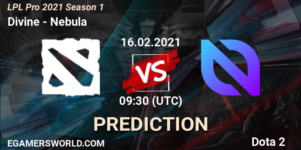Prognose für das Spiel Divine VS Nebula. 16.02.2021 at 09:39. Dota 2 - LPL Pro 2021 Season 1