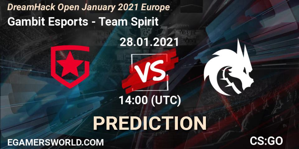 Prognose für das Spiel Gambit Esports VS Team Spirit. 28.01.2021 at 14:00. Counter-Strike (CS2) - DreamHack Open January 2021 Europe