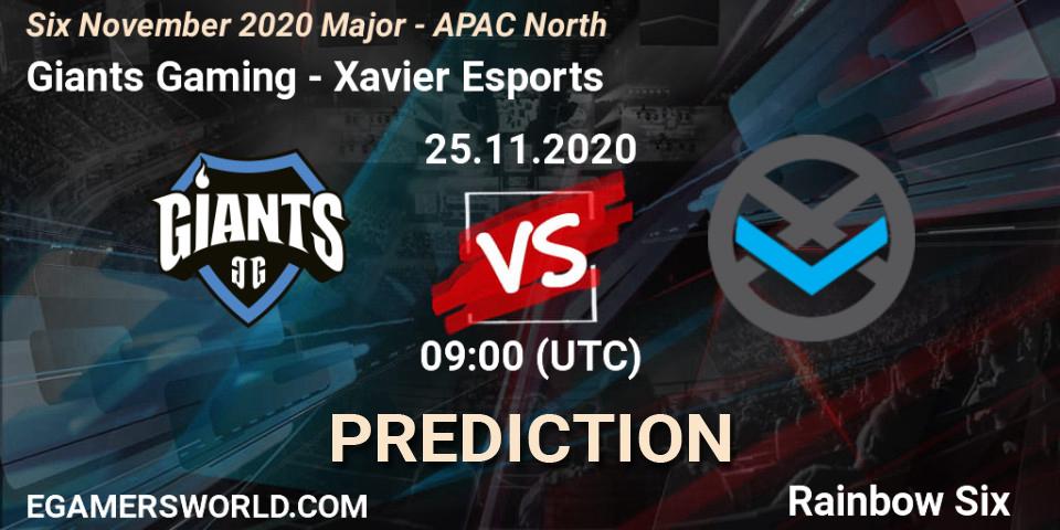 Prognose für das Spiel Giants Gaming VS Xavier Esports. 25.11.2020 at 12:30. Rainbow Six - Six November 2020 Major - APAC North