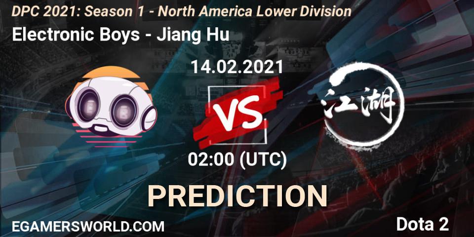 Prognose für das Spiel Electronic Boys VS Jiang Hu. 14.02.2021 at 02:02. Dota 2 - DPC 2021: Season 1 - North America Lower Division
