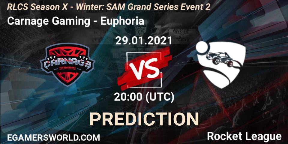 Prognose für das Spiel Carnage Gaming VS Euphoria. 29.01.2021 at 20:00. Rocket League - RLCS Season X - Winter: SAM Grand Series Event 2