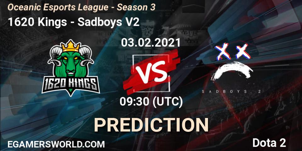Prognose für das Spiel 1620 Kings VS Sadboys V2. 03.02.2021 at 09:49. Dota 2 - Oceanic Esports League - Season 3