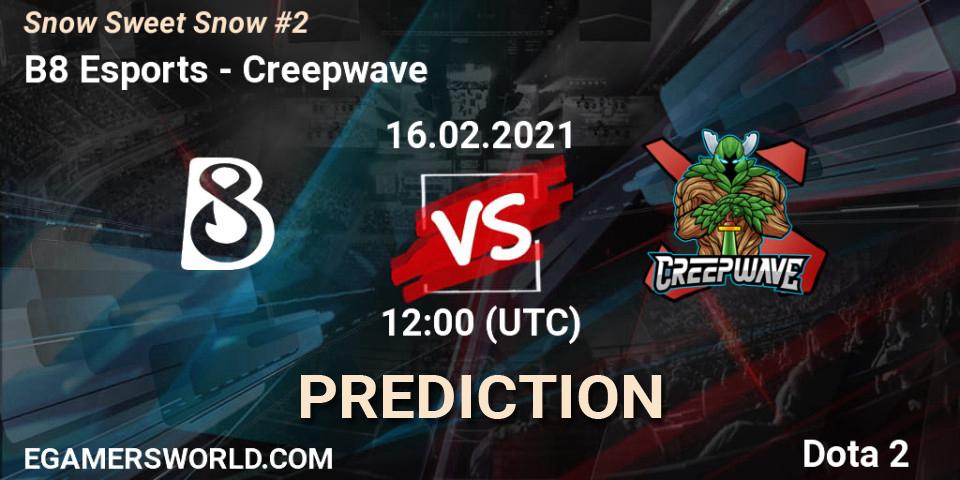 Prognose für das Spiel B8 Esports VS Creepwave. 16.02.2021 at 12:03. Dota 2 - Snow Sweet Snow #2