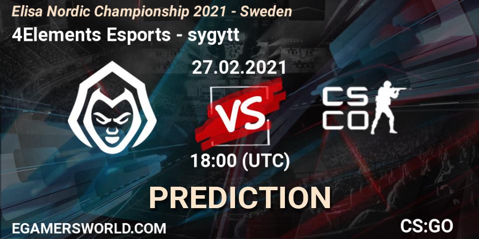 Prognose für das Spiel 4Elements Esports VS sygytt. 27.02.2021 at 18:00. Counter-Strike (CS2) - Elisa Nordic Championship 2021 - Sweden