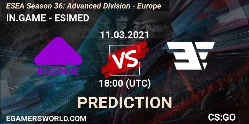 Prognose für das Spiel IN.GAME VS ESIMED. 11.03.2021 at 18:00. Counter-Strike (CS2) - ESEA Season 36: Europe - Advanced Division
