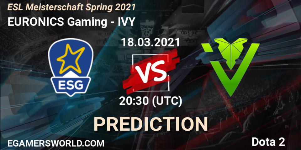 Prognose für das Spiel EURONICS Gaming VS IVY. 18.03.2021 at 20:33. Dota 2 - ESL Meisterschaft Spring 2021