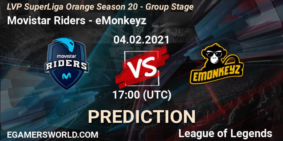 Prognose für das Spiel Movistar Riders VS eMonkeyz. 04.02.2021 at 17:00. LoL - LVP SuperLiga Orange Season 20 - Group Stage
