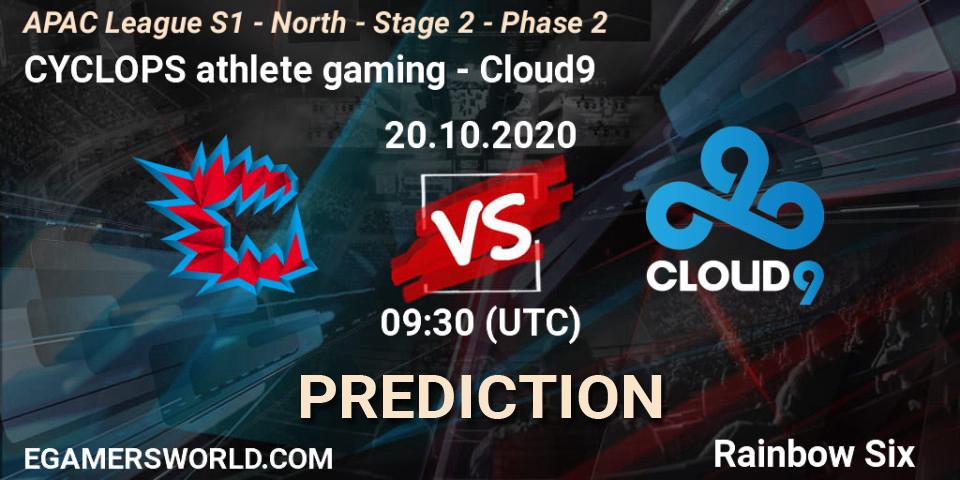 Prognose für das Spiel CYCLOPS athlete gaming VS Cloud9. 20.10.2020 at 09:30. Rainbow Six - APAC League S1 - North - Stage 2 - Phase 2
