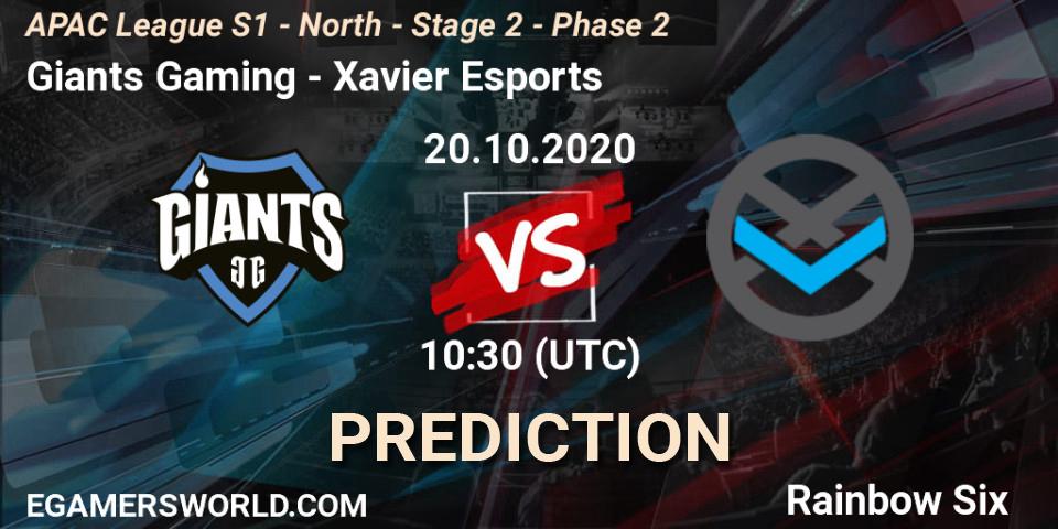 Prognose für das Spiel Giants Gaming VS Xavier Esports. 20.10.2020 at 10:30. Rainbow Six - APAC League S1 - North - Stage 2 - Phase 2