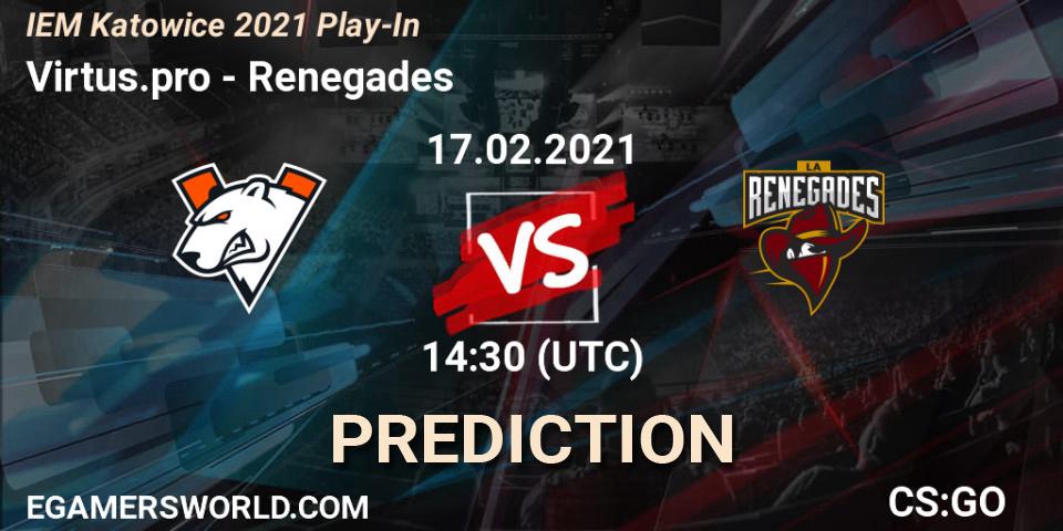 Prognose für das Spiel Virtus.pro VS Renegades. 17.02.2021 at 14:45. Counter-Strike (CS2) - IEM Katowice 2021 Play-In