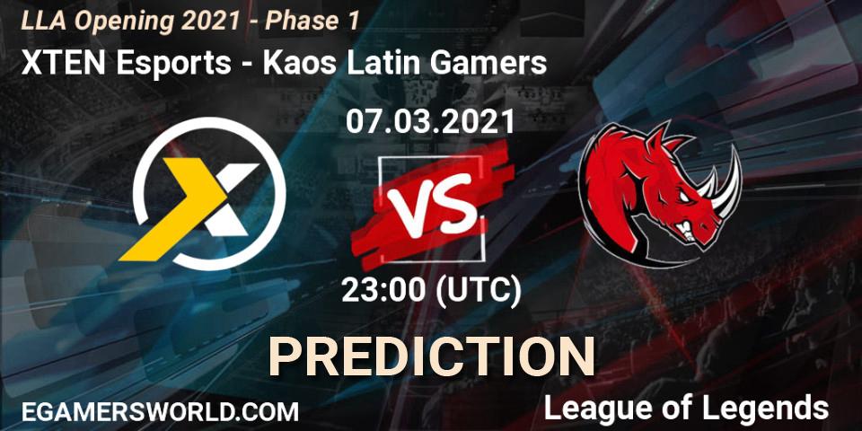 Prognose für das Spiel XTEN Esports VS Kaos Latin Gamers. 08.03.2021 at 00:00. LoL - LLA Opening 2021 - Phase 1