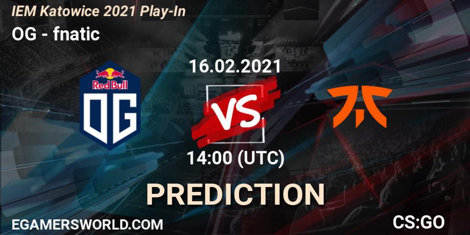 Prognose für das Spiel OG VS fnatic. 16.02.2021 at 14:00. Counter-Strike (CS2) - IEM Katowice 2021 Play-In
