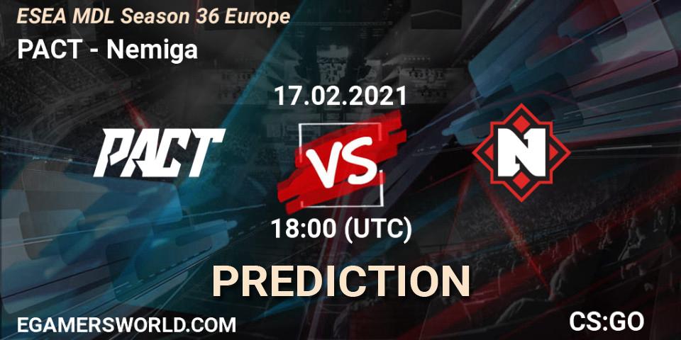 Prognose für das Spiel PACT VS Nemiga. 15.03.2021 at 18:00. Counter-Strike (CS2) - MDL ESEA Season 36: Europe - Premier division