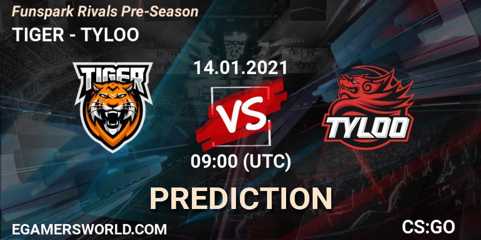 Prognose für das Spiel TIGER VS TYLOO. 14.01.2021 at 09:00. Counter-Strike (CS2) - Funspark Rivals Pre-Season